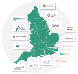 Map showing geographical location of the 15 AHSNs in England with individual logos