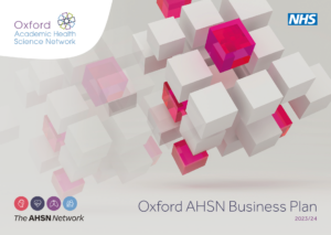 Oxford AHSN Business Plan 2023/24 White and pink floating cube blocks NHS and AHSN Network logos